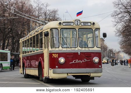 Moscow, Russia - November 15, 2014: Old soviet trolleybus SVARZ-TS-1 at the city street