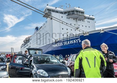IJMUIDEN, NETHERLANDS - May 14 2017: Passengers are waiting to get on the Princess of seaways ferry to Newcastle