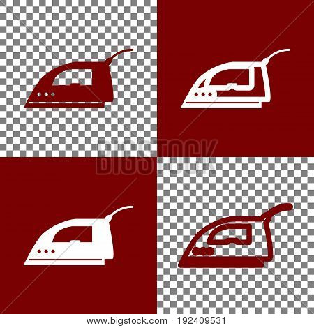 Smoothing Iron sign. Vector. Bordo and white icons and line icons on chess board with transparent background.