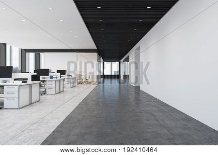 Front view of a loft open space office interior with rows of computer tables with desktops standing on them. 3d rendering mock up