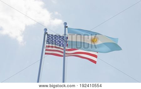 USA and Argentina, two flags waving against blue sky. 3d illustration