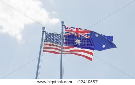 USA and Australia, two flags waving against blue sky. 3d illustration