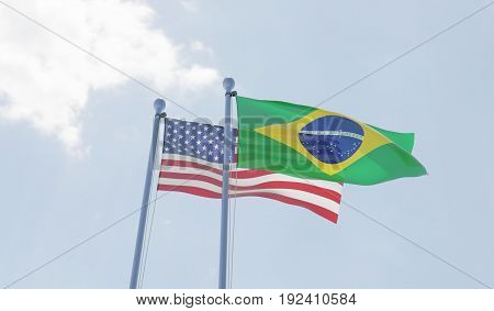 USA and Brazil, two flags waving against blue sky. 3d illustration