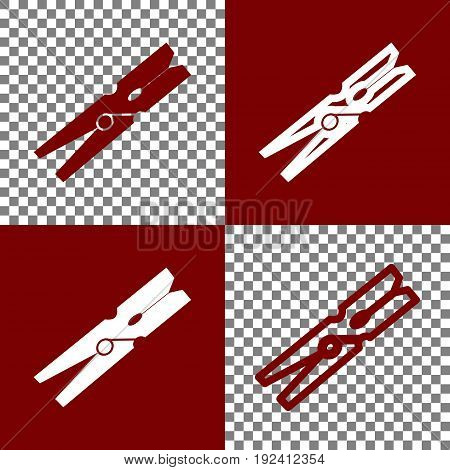 Clothes peg sign. Vector. Bordo and white icons and line icons on chess board with transparent background.