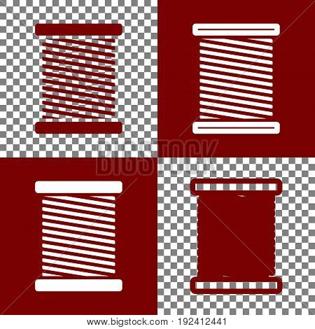 Thread sign illustration. Vector. Bordo and white icons and line icons on chess board with transparent background.