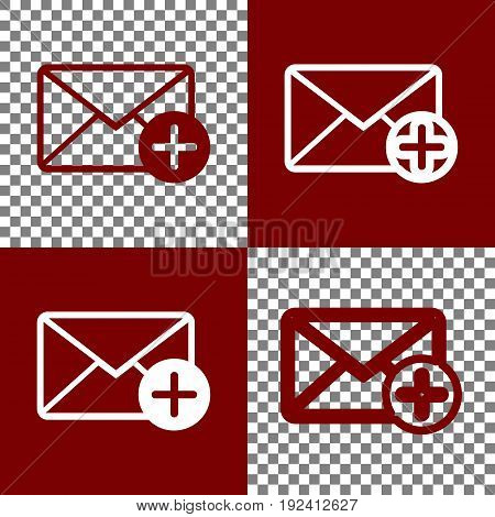 Mail sign illustration with add mark. Vector. Bordo and white icons and line icons on chess board with transparent background.