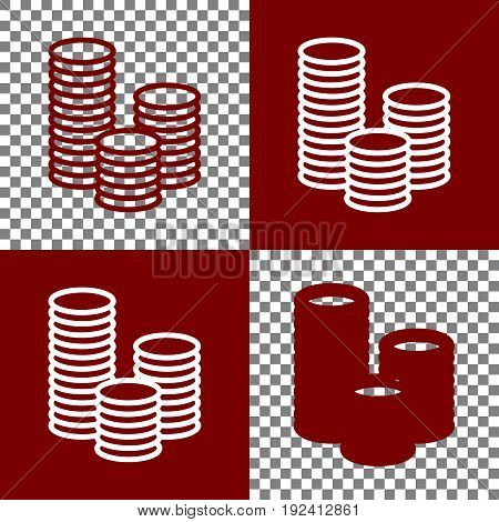 Money sign illustration. Vector. Bordo and white icons and line icons on chess board with transparent background.