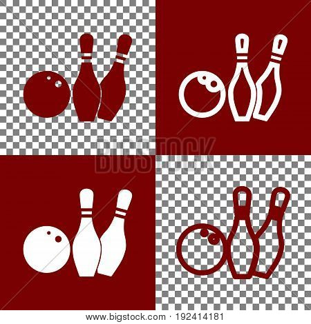 Bowling sign illustration. Vector. Bordo and white icons and line icons on chess board with transparent background.