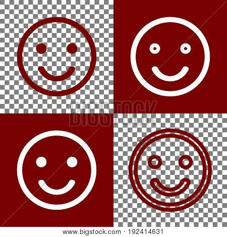 Smile icon. Vector. Bordo and white icons and line icons on chess board with transparent background.