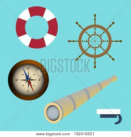 Sea icon set spyglass, compass, sailors cap, lifebuoy, wheel. vector illustration isolated on white background.