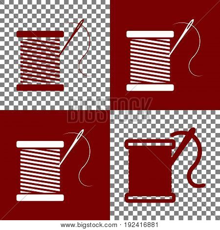 Thread with needle sign illustration. Vector. Bordo and white icons and line icons on chess board with transparent background.