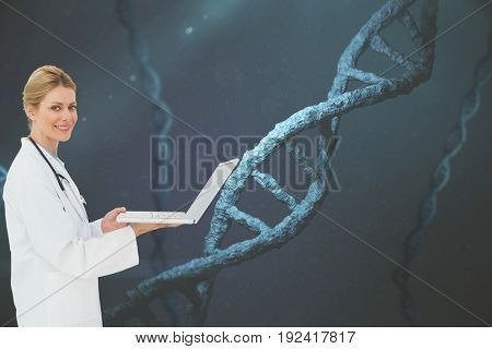 Digital composite of Doctor with DNA graphics on backgrounds 