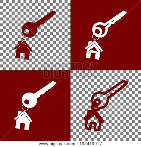 key with keychain as an house sign. Vector. Bordo and white icons and line icons on chess board with transparent background.
