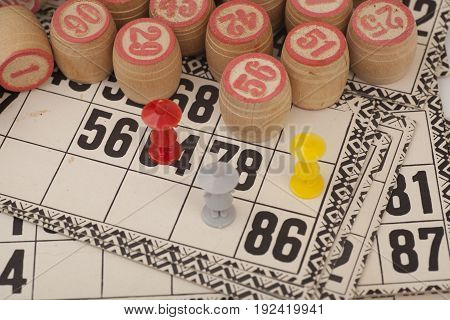 Cards and kegs for Russian lotto (bingo game) isolated on white background