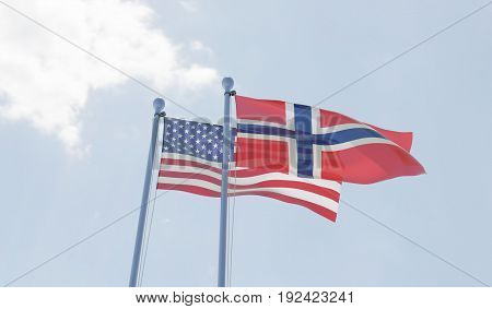 USA and Norway, two flags waving against blue sky. 3d illustration