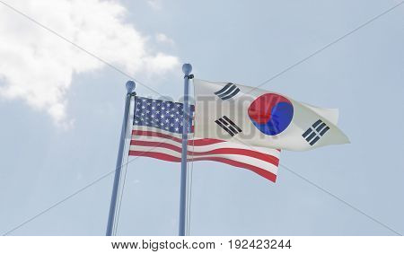 USA and Republic of Korea, two flags waving against blue sky. 3d illustration
