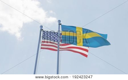 USA and Sweden, two flags waving against blue sky. 3d illustration