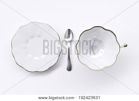 Empty cup, saucer and teaspoon, isolated on white background. Top view. 3d image
