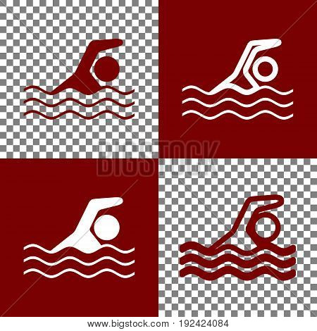 Swimming water sport sign. Vector. Bordo and white icons and line icons on chess board with transparent background.