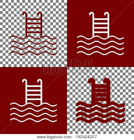 Swimming Pool sign. Vector. Bordo and white icons and line icons on chess board with transparent background.