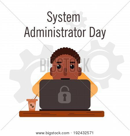 Day of the system administrator. Cartoon, funny picture man curly hair, a swarthy complexion by the system administrator. Stock vector.