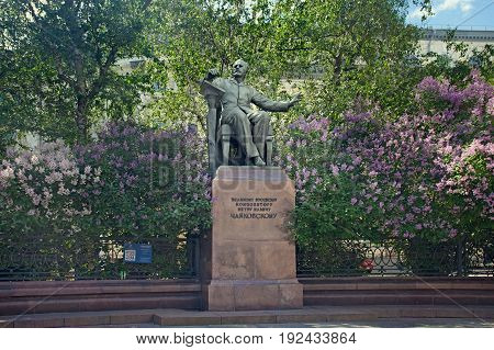 Moscow Russia - June 18 2017: The monument to the great Russian composer Pyotr Ilyich Tchaikovsky by the Moscow State Conservatory. Tchaikovsky is depicted sitting in armchair in front of music stand