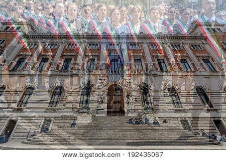 ROME ITALY - JUNE 1 2017: Double exposure with Palazzo Montecitorio building of the italien Parliament and administrative staff at the national day parade of Italy.