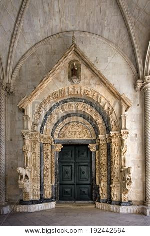 Radovan portal is the main portal of the cathedral of St Lawrence done by Radovan in 1240. Trogir Croatia