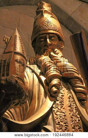 Osaka, Japan - Apr 25, 2017: Statue in The Wizarding World of Harry Potter in Universal Studios Japan. Universal Studios Japan is a theme park in Osaka, Japan.Hogwarts Castle