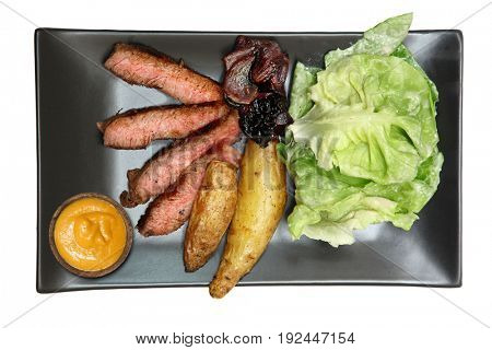 Seared Steak and Fingerling Potatoes with Blue Cheese Crumble Salad on Lettuce and Dijon Mustard
