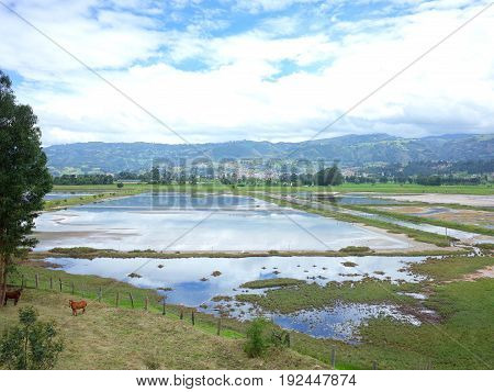The small town of Paipa looking over the swamp land in Boyaca Colombia