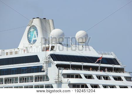 Velsen The Netherlands - June 21st 2017: Azamara Journey on North Sea Channel towards IJmuiden sea lock