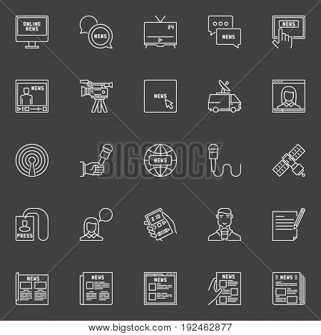 Vector news icons set. Newspaper, microphone, reporters and other communication outline symbols on dark background