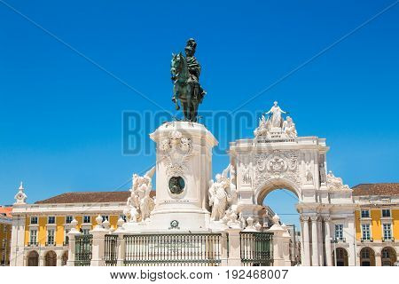 Equestrian statue of king Jose I on Commerce Plaza in Lisbon, Portugal, by sculptor Machado de Castro in 1775.