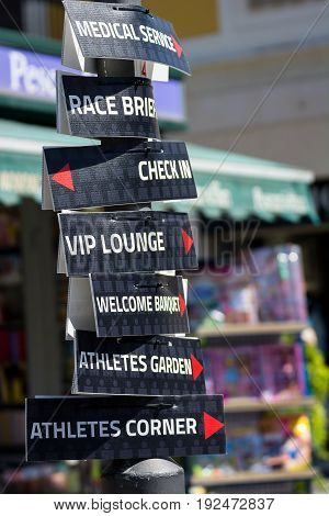 Pescara Italy - June 18 2017: Signboard at Pescara's Ironman 70.3