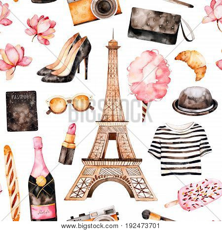Handpainted texture with striped top, cosmetics, Tour Eiffel, champagne, cotton candy, shoes