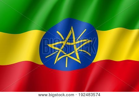 Waving flag of Ethiopia. Sign african state in proportion correctly and official colors: red, green, yellow. Patriotic sign Eastern Africa country. Vector icon illustration