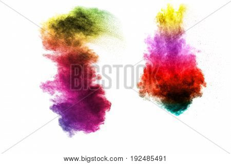 abstract multicolored powder splatted on white backgroundFreeze motion of color powder exploding