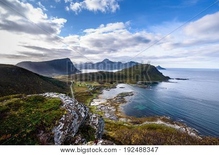 aerial view of Beautiful mountain landscape with Norwegian sea at holandsmelen Vestvagoy lofoten Norway