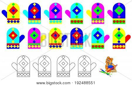 Logic exercise for children. Need to find four unpaired mittens and paint them in relevant colors. Vector image.