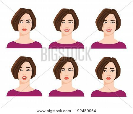 Collection of woman's emotions. Vector illustration of variations of facial expression.