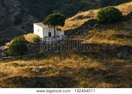 Small rural church in the fields near Ioulida village on Kea island in Greece.