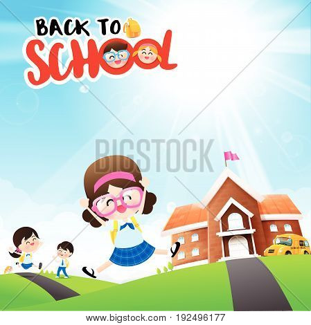 Back to School concept Student kids jumping and running with happiness and cheerful with Nature Blue sky sunburst copy space and greenfield Background vector illustration