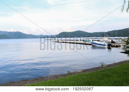 Beautiful mountains and Nojiri Lake in summer the town of Shinano Kamiminochi District Nagano Prefecture Japan.