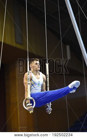 Male Gymnast Performing On Stationary Gymnastic Rings