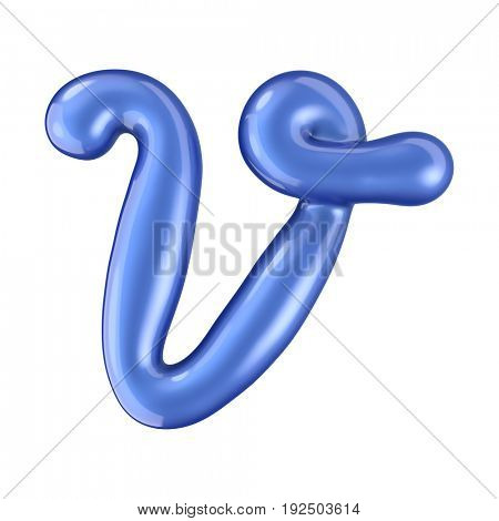 Glossy blue letter V uppercase. 3D rendering font with glint isolated on white background.