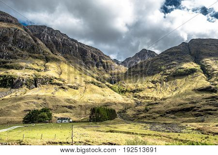 Amazing scottish landscape at Achnambeithach in Glencoe, Highlands, Scotland