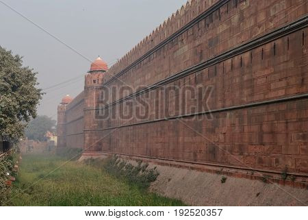 Walls And Tower Of Red Fort (lal Qila) Delhi - World Heritage Site. Delhi, India