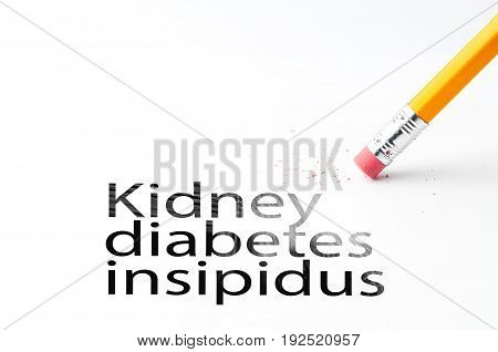 Closeup of pencil eraser and black kidney diabetes insipidus text. Kidney diabetes insipidus. Pencil with eraser.
