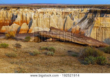Detail of stacked and crumbling rocks at Coalmine Canyon near Tuba City Arizona. Majestic canyon with focus on the foreground and texture of the ground.